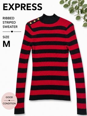 Express Red and Black Ribbed Striped Mock Neck Sweater